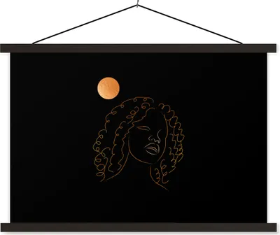 Produktbild von MuchoWow® Textilposter Frau - Mond - Strichzeichnung - Schwarz und Gold 60x40 cm mit schwarzem Rahmen - Hölzernes