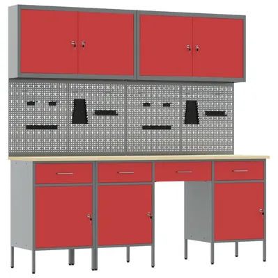 Image de vidaXL Établi avec tiroirs 10 pièces Rouge Ingénieurs Bois et acier