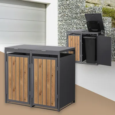 Produktbild von ML-Design Mülltonnenbox 2er, Mülltonnenverkleidung für 2 Tonne, 240L 132x80x120 cm, Anthrazit-Holzoptik aus Stahl, Müllbox mit Klappdeckel und Tür