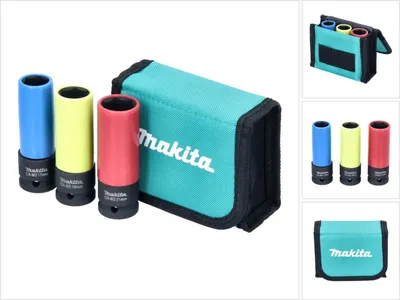 A set of three Makita impact sockets in different colors, along with their teal storage case.