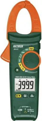 A digital clamp meter is shown against a white background.