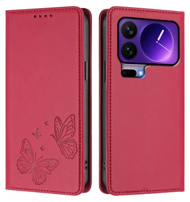 Produktbild von Lederhülle für Xiaomi 17 Pro, Schmetterling Prägung Leder Brieftasche Schutzhülle mit Ständer Rot