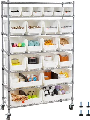 Image de Étagère de rangement - Chariot à étagères - 22 bacs empilables - Avec roulettes (mobile) - Dimensions 35,5 x 90 x 149 cm - Rangement d'outils - Pour atelier, garage, cuisine