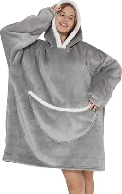 Obrázek produktu pro ASKSA Oversized Sherpa Hoodie pro uni Deku Mikina Teplá plyšová fleecová přenosná deka s kapsami, šedá