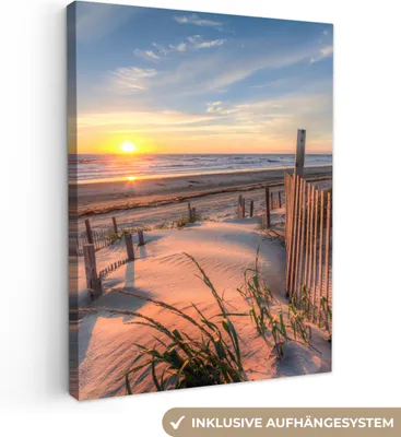Produktbild von MuchoWow® - Leinwandbilder - Strand - Meer - Düne - Sonnenuntergang - Landschaft, Wandbild, Wanddeko Bilder Wohnzimmer, 60x80 cm