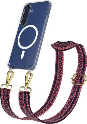 Produktbild von EAZY CASE - Handykette mit MagSafe Hülle für Samsung Galaxy S25, Handyband ZigZag Style,Karabiner Gold, Umhängeband in Pink