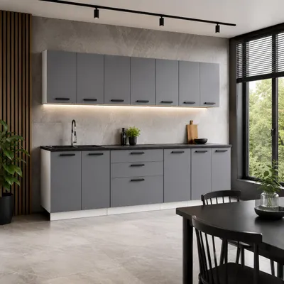 Produktbild von ULWEHOME Küchenzeile 260 cm Anthrazit, Küchenmöbel-Set Grafit mit Hängeschränken, Spülenschrank, 3-Schubladen-Unterschrank & Arbeitsplatten 80/60/40cm, KI-generiertes Bild
