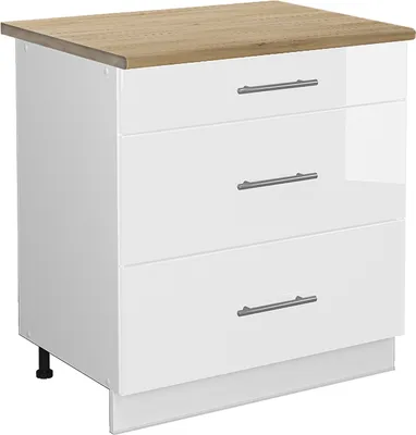 Produktbild von Küchenunterschrank Vicco Fame-Line Weiß Hochglanz 80 cm mit 3 Schubladen, AP Eiche, Model 45949