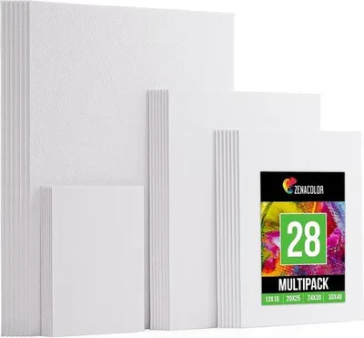 Obrázok produktu pre Sada 28 kusov plátien Unyqoos® – 7 kusov formátu A3 (30×40 cm), 7 kusov formátu A4 (24×30 cm), 7 kusov formátu 20×25 cm, 7 kusov formátu 13×18 cm, predúpravované, 100% bavlna, 280 g/m², hrúbka 2,5 mm