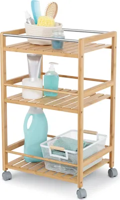 Produktbild von DomoPak Living Bambus Badregal Small mit 3 Ablagen, 20 x 45 x 75 cm, Küchenregal schmal und platzsparend, mit Rollen, Natur, 901047