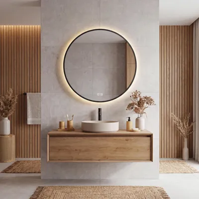 Produktbild von LED Badezimmerspiegel Rund 60 cm – Badspiegel mit LED Beleuchtung, Touch-Schalter, Anti-Beschlag, 3 Lichtfarben, Schwarzer Rahmen – SAVE HOME