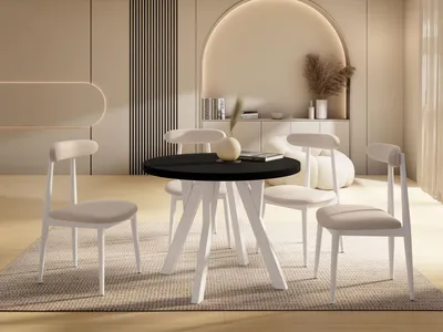 Produktbild von Runder Ausziehbarer Esstisch im Loft-Stil – Industrieller Tisch mit Weißen Holzbeinen – Platzsparender Esstisch für Wohnzimmer – Schwarz – 100 bis 200 cm
