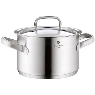 A stainless steel pot with a lid and two handles, shown from the front on a white background.