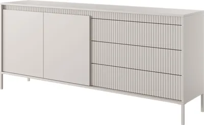 A beige sideboard with a fluted front and three drawers is shown against a white background.