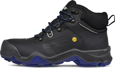A black work boot with blue accents is shown in a side profile against a white background.
