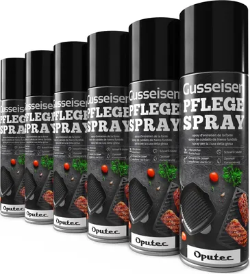 Produktbild von Oputec 6 x 500ml Gusseisen-Pflegespray - Ideales Grillzubehör zum Schutz & der Pflege von Gussrosten, Pfannen, Töpfen, Dutch Oven, Grillrosten, Brätern aus Gusseisen - Cast Iron Antihaft-Schutzspray