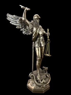 Zdjęcie produktu dla Archanioł Michał z wagą – dekoracyjna figurka z brązu, ręcznie malowana, wymiary: 12 cm × 14 cm × 24 cm, model WU78258A1