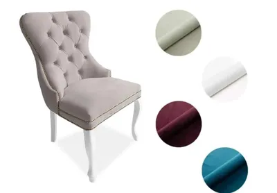 Zdjęcie produktu dla Krzesło Chesterfield Madame 2 - eleganckie krzesło tapicerowane w stylu glamour, jasnoszary welur, białe drewniane nogi, wygodne siedzisko