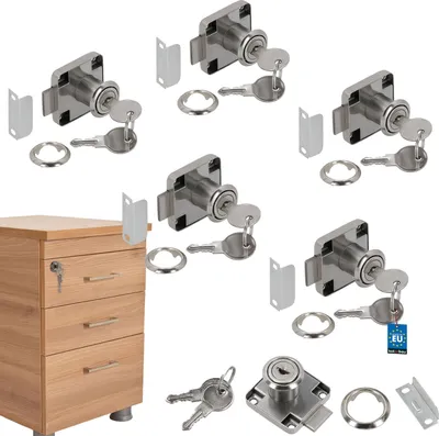 A collage of several cabinet locks with keys and a small wooden cabinet with drawers.