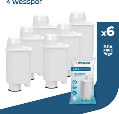 A product shot of multiple white coffee machine water filters and one packaged filter.