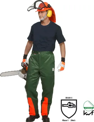Produktbild von Schnittschutzhose Klasse 1, Forsthose WOODSafe®, kwf-Standard, Bundhose grün/orange, Herren - Waldarbeiterhose mit Schnittschutz Form A, leichtes Gewicht (56)