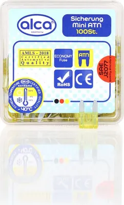 Produktbild von alca® Mini-Sicherungen 20A; 100 St. Economy Box 32 V gelb Mini Flachsicherung Stecksicherung für Fahrzeuge Auto Motorrad Wohnwagen Camper Moped