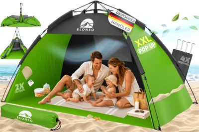 Produktbild von ELONEO Pop-Up Strandmuschel mit UV-Schutz 80+, leichter Aufbau, kompakt, Tragetasche, Sonnenschutz & Windschutz für Kinder und Erwachsene - XXL Grün