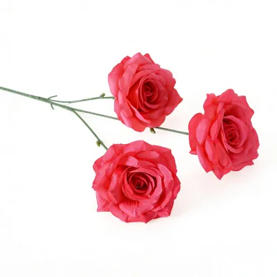 Produktbild von Künstliche Rosenblüten mit 3 Köpfen, realistischer Rosenzweig mit Stiel für Vase, Tischdekoration, Heimdekoration, Hochzeit, Partydekoration
