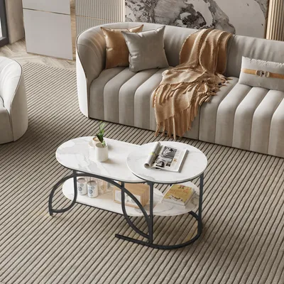 Produktbild von UnboxG 2er-Set Runder Couchtisch & Beistelltisch mit Stauraum – Hochglanz Marmoroptik, Schwarze Metallbeine, Modernes Wohnzimmer-Design