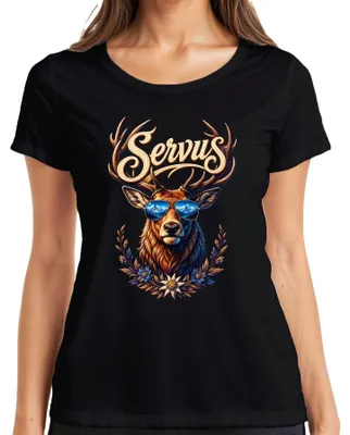 Productafbeelding van Servus, hertenhoorn zonnebril, edelweiss, Alpen, lederen broek, dirndl, dames T-shirt, zwart, maat XL