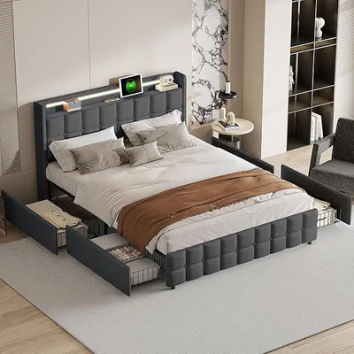 Immagine prodotto di Letto imbottito matrimoniale 160x200 cm, letto matrimoniale con LED, 4 cassetti e rete a doghe, letto 160x200 con testiera contenitore e porta USB, struttura letto per ragazzi, contenitore, senza materasso, grigio
