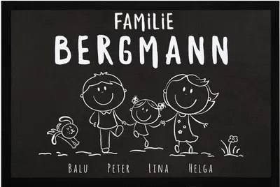 Produktbild von Fußmatte Familie personalisiert mit Namen 1, 2, 3 & mehr Kinder Hund Katze Strichmännchen SpecialMe® weiß 60x40cm