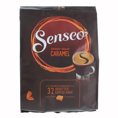 A bag of Senseo Caramel coffee pads.