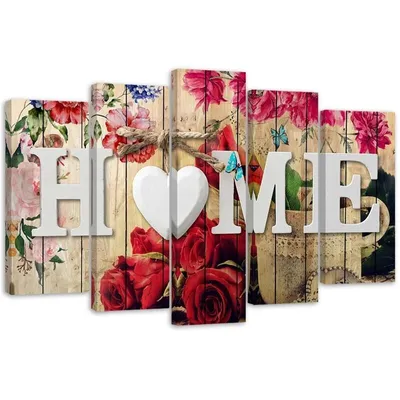 Produktbild von 5-teiliges leinwandbild home-schriftzug mit floralem motiv 150x100 cm Feeby farbe wandbild bereit zum aufhängen