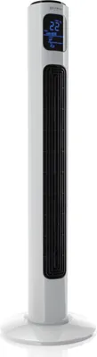 A white tower fan with a digital display.