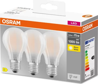 Produktbild von OSRAM HOMELIGHTING 4058075592490 LED (monochrome) EEC D (A - G) E-27 Pear shape 7.5 W = 75 W Warm white (Ø x L) 60 mm x 105 mm 3 pc(s)