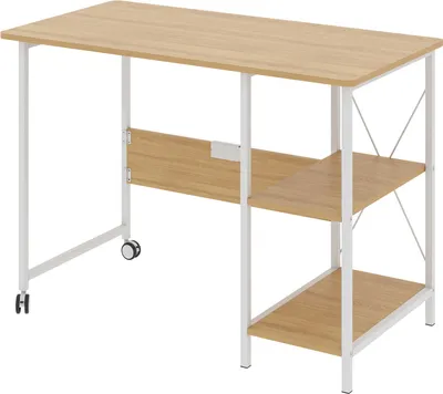 A product shot of a desk with shelves and wheels.