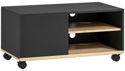 Produktbild von TV-Board auf Rollen mit Bremsen, TV-Möbel mit Schrank und verstellbarer Ablage, Schwarz und Eiche