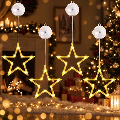 4er-Set Fensterlichter Sterne, 10 warmweiße LEDs, Batterie, Timer