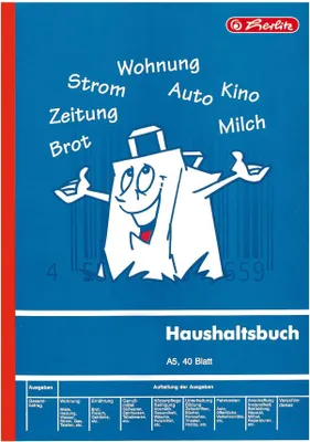 A blue cover of a household budget book with a cartoon shopping bag character and text in German.
