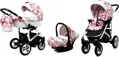 A collage of three baby travel system components against a white background.