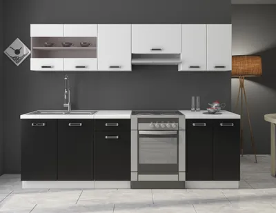 Produktbild von Küche Omega 240 cm Küchenzeile Küchenblock variabel stellbar in Schwarz Weiss