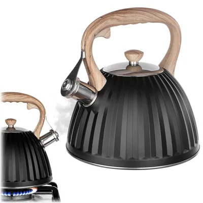Produktbild von KADAX Wasserkessel 2,8L aus Edelstahl, Teekessel mit Pfeife, abnehmbarem Deckel & hitzebeständigem Griff in Holzoptik, Flötenkessel für alle gängigen Herdarten (Schwarz), KI-generiertes Bild