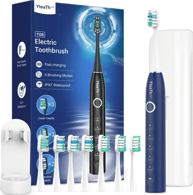 Obrázek produktu pro Cestovní pouzdro Elektrický zubní kartáček pro dospělé a děti, sonický zubní kartáček, 120denní výdrž baterie, 50 000 otáček za minutu, elektrický zubní kartáček s 8 kartáčkovými hlavami a časovačem Modrý 1 kus (balení 1)