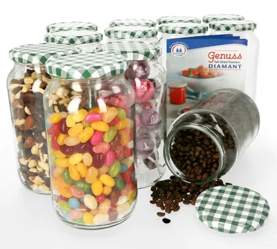 Produktbild von 12er Set Einmachglas 1062 ml Deckel Grün Weiß Kariert Einkochgläser Vorratsglas Aufbewahrung