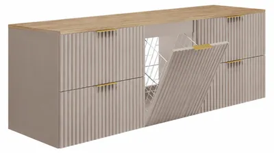 Zdjęcie produktu dla Szafka pod umywalkę wisząca z koszem na pranie, wykończenie: kaszmir/jasny dąb, uchwyty: czarne, wymiary: 160 x 46 x 57 cm, productTiles.product.images.aiGenerated