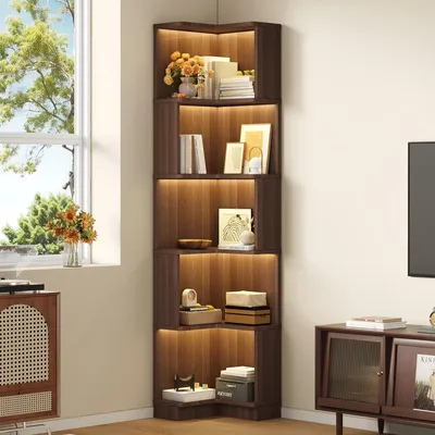 Image de Étagère de rangement pour livres, couleur marron, avec éclairage LED et contrôle via application. Forme en L, étagère multifonctionnelle avec 5 niveaux. Étagère d'angle moderne en MDF, dimensions 63,5 x 45 x 175 cm, idéale pour le salon ou le bureau