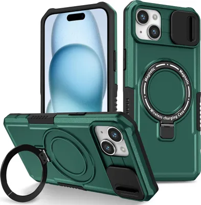 Produktbild von Handyhülle für iPhone 15 /iPhone 14 Kompatibel mit MagSafe, Robuste Hülle mit Schiebe Kamera Schutz, Magnetischer Ringständer Dunkelgrün