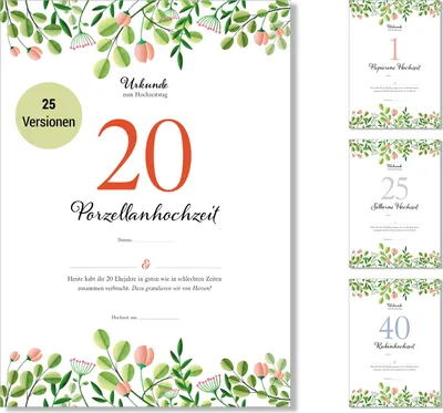 Immagine prodotto di Frank Paperman® | regali per il 20° anniversario di matrimonio | anniversario di matrimonio | matrimonio in porcellana |  di anniversario di matrimonio | floreale | prestampato in formato DIN A4