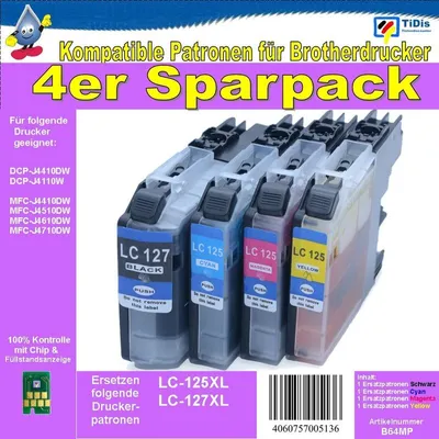 Produktbild von LC-127XLBK + LC-125XL C/M/Y Multipack TiDis Ersatzdruckerpatronen XL - 4x 1.200 Seiten nach ISO für Brother Druckerpatronen